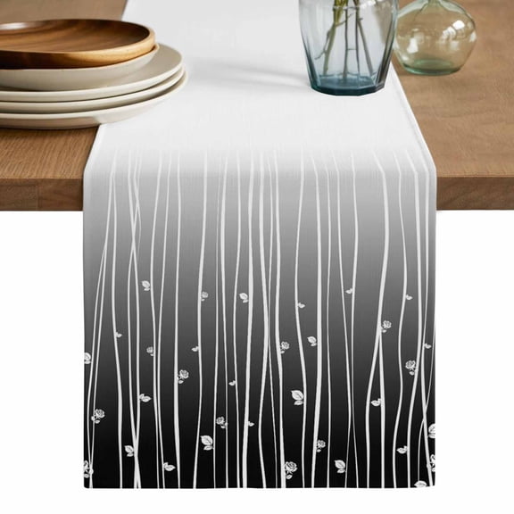 Black Flower Table Runner, Geometric Stripes Gradient Simple Branch Washable Cotton Linen Table Runners 36 Inches Long, Dresser Scarf Runner for Nightstand/End Tables/Round Tables 13''x36''