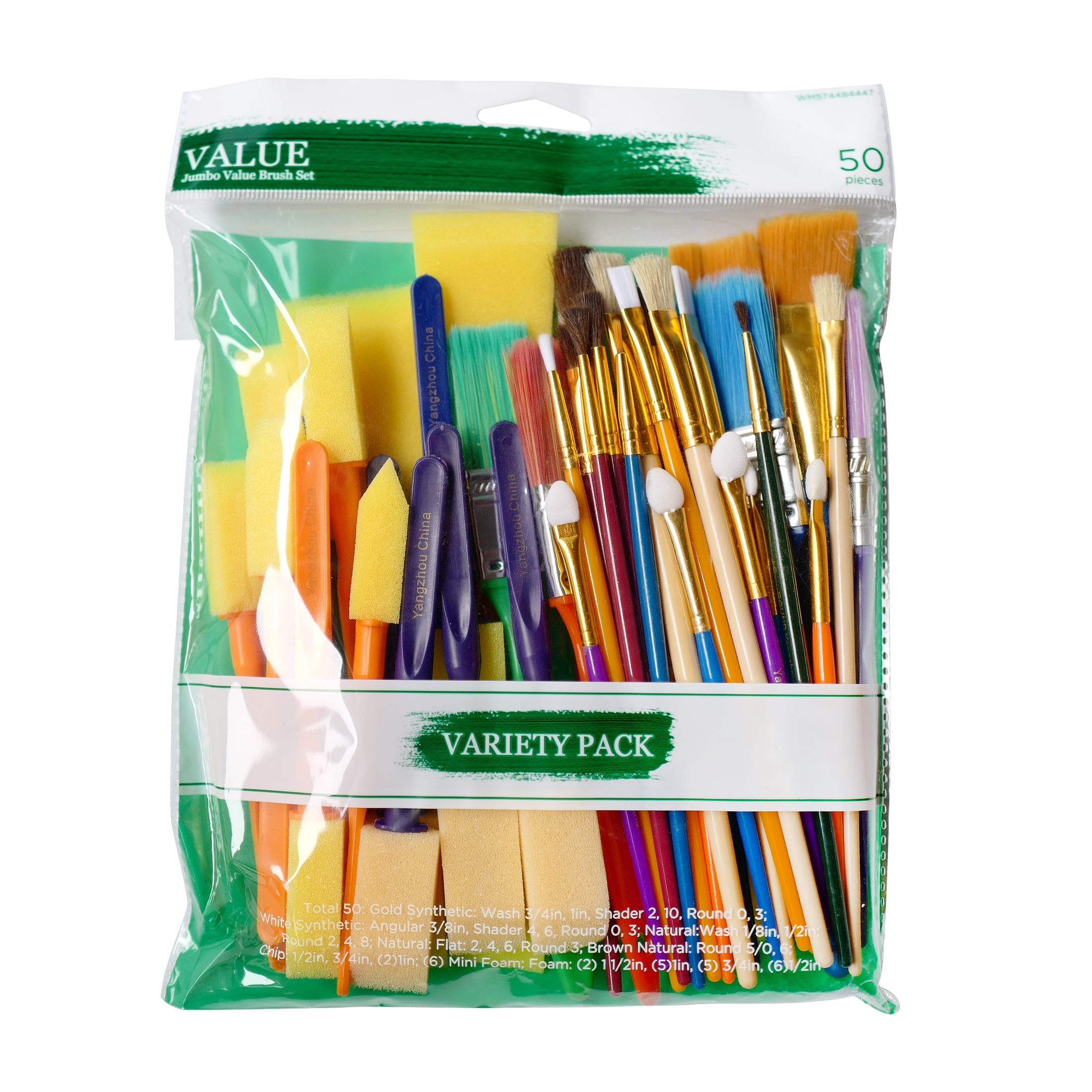 Jumbo Assorted Synthetic Natural Bristle Paint Brush Value Set, 50 Pieces