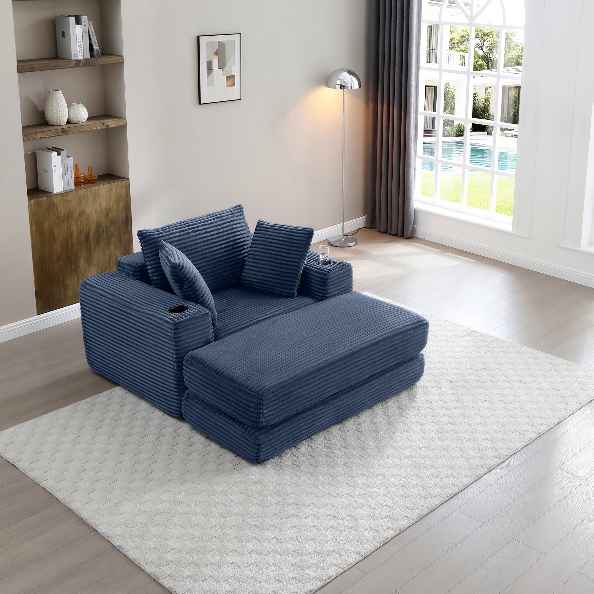 Miniyam 52″ x 61″ No-Spring Boneless Convertible Sofa with Ottoman – 3-Way Sleeper, High-Resiliency Foam, Armrest Cup Holders (Blue)