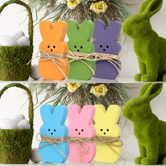 ATJIA 6 Pcs Easter Bunny Table Decorations Centerpieces Wooden Bunnies Rabbit Tiered Tray & Table Top Sign Decor