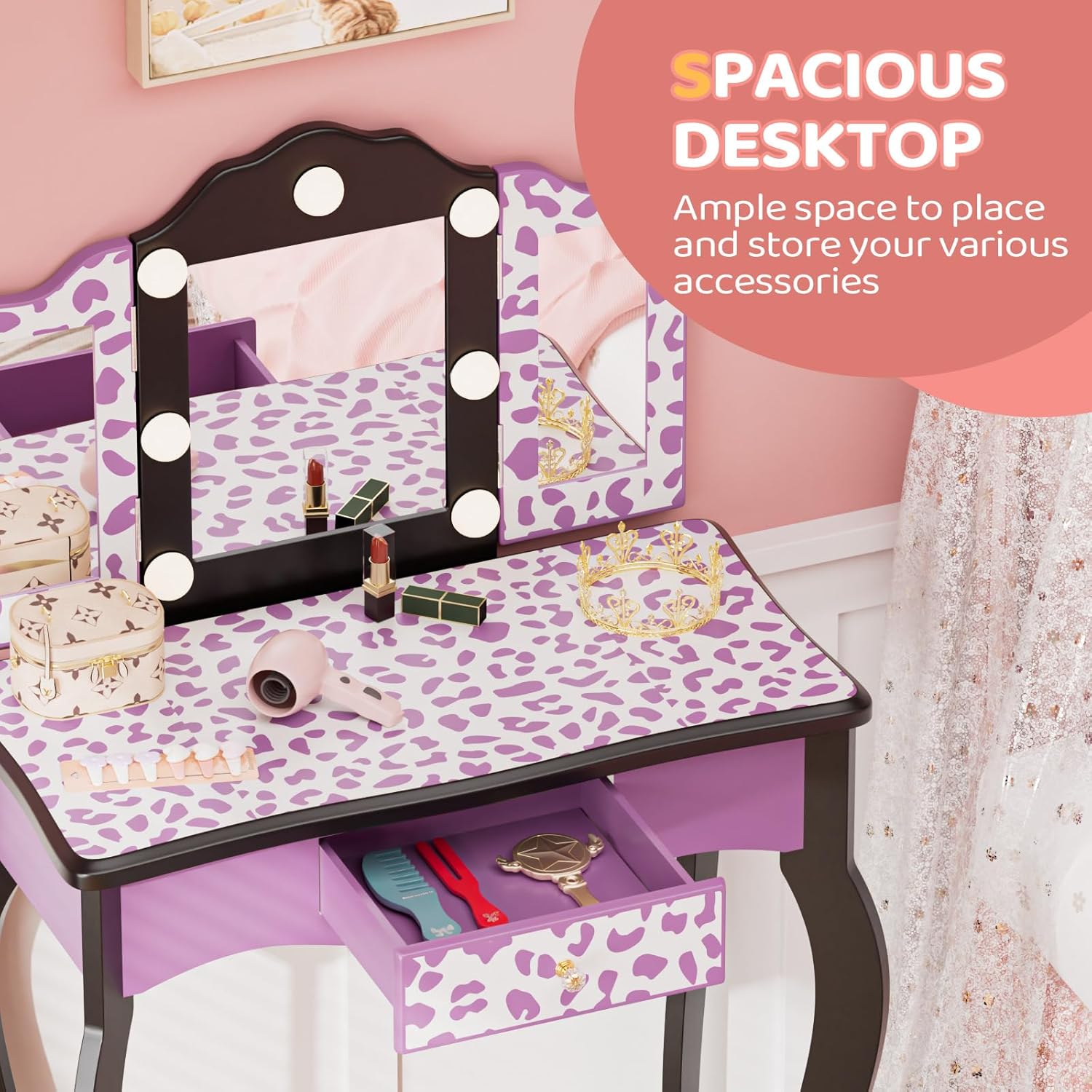 Matladin Kids Vanity Table and Chair Set with Leopard Print, Tri-Fold Mirror & Lights, Girls Vanity, Princess Makeup Desk for Girls