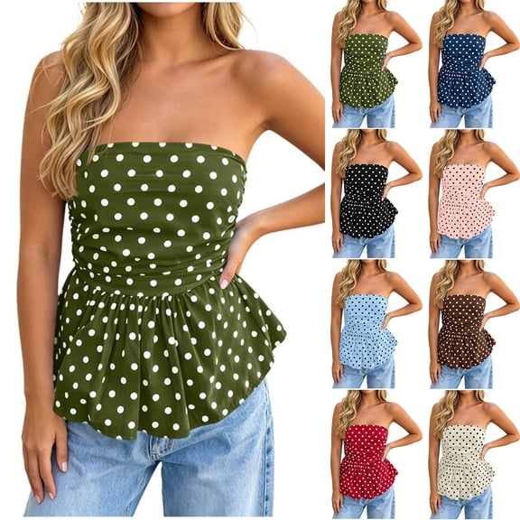 GERsome Tube Tops for Women Strapless Polka Dot Ruched Peplum Tops Sleeveless Casual Bandeau Tops Green Size L