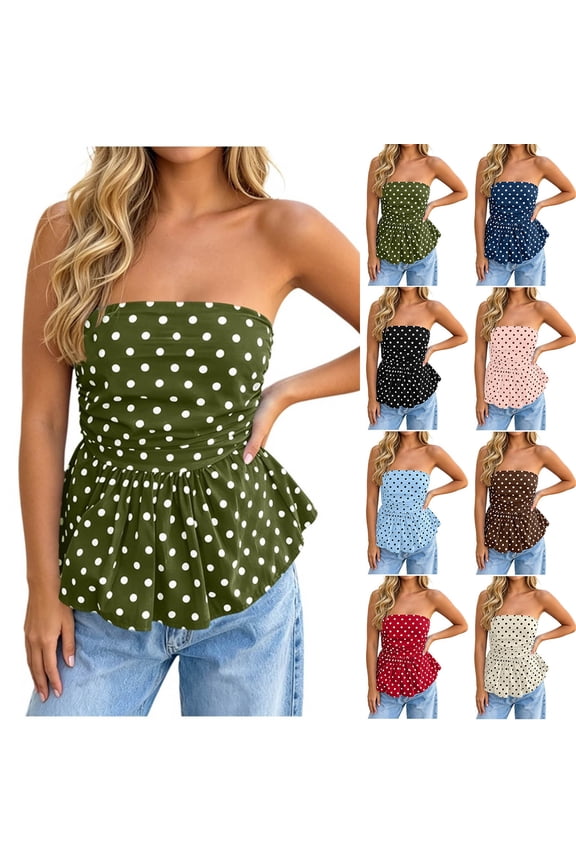 Tube Tops for Women Strapless Polka Dot Ruched Peplum Tops Sleeveless Casual Bandeau Tops Green Size 2XL