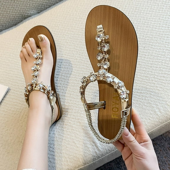 AXXD Women Gold Sandals Summer Shoes Beach Flat Solid Color Clip Toe Rhinestone Sandals Shoes