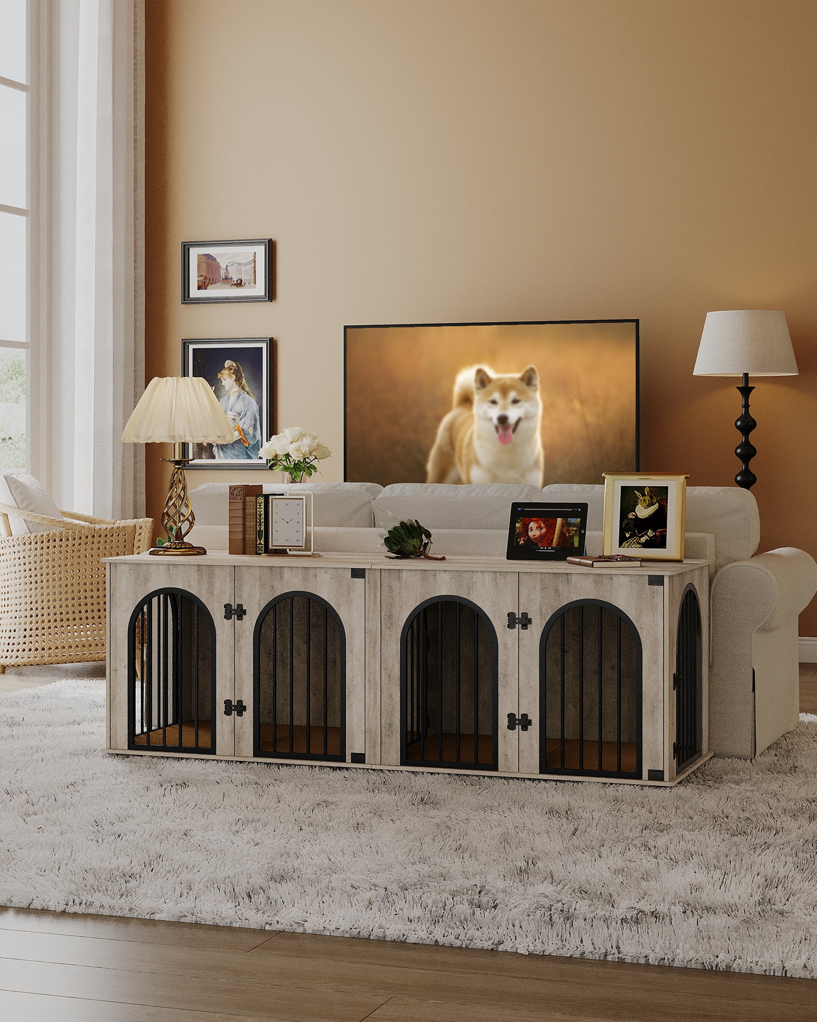 Dog Crate Furniture, 71" Heavy Duty Dog Kennels with Divider, Pads, Side Table, TV Cabinet