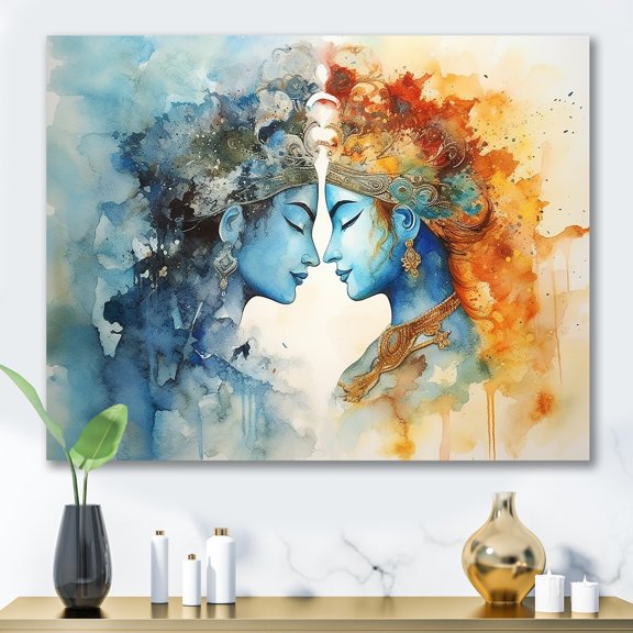 Designart "Divine Wedding Of Radha Krishna In Dry Watercolors I" Hinduism Canvas Wall Art