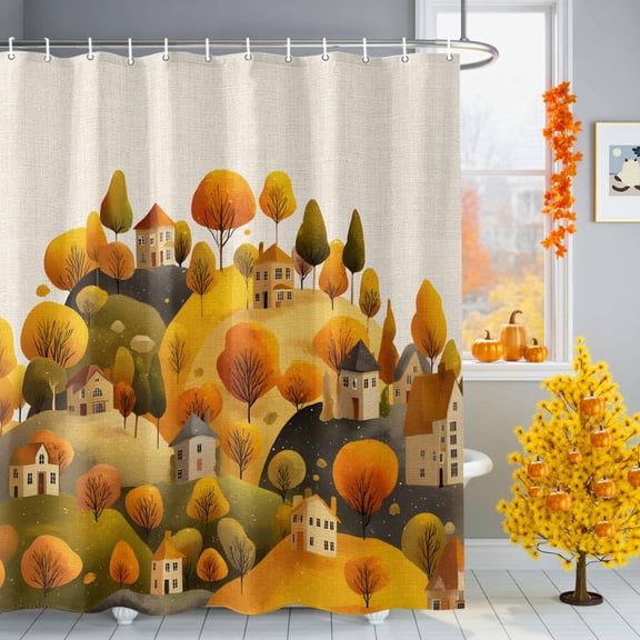 Vintage Cartoon Hills House Shower Curtain for Bathroom, Autumn Trees on Linen Waterproof Shower Curtains Washable Quick Dry with Hooks Bathtub Curtains 72x72 IN