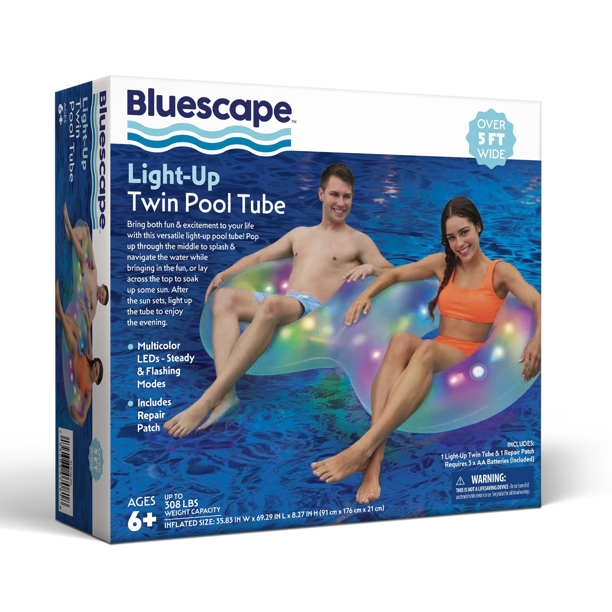(2 pack) Bluescape LED Twin Tube Pool Ring Float, Inflatable Light-Up Pool Float
