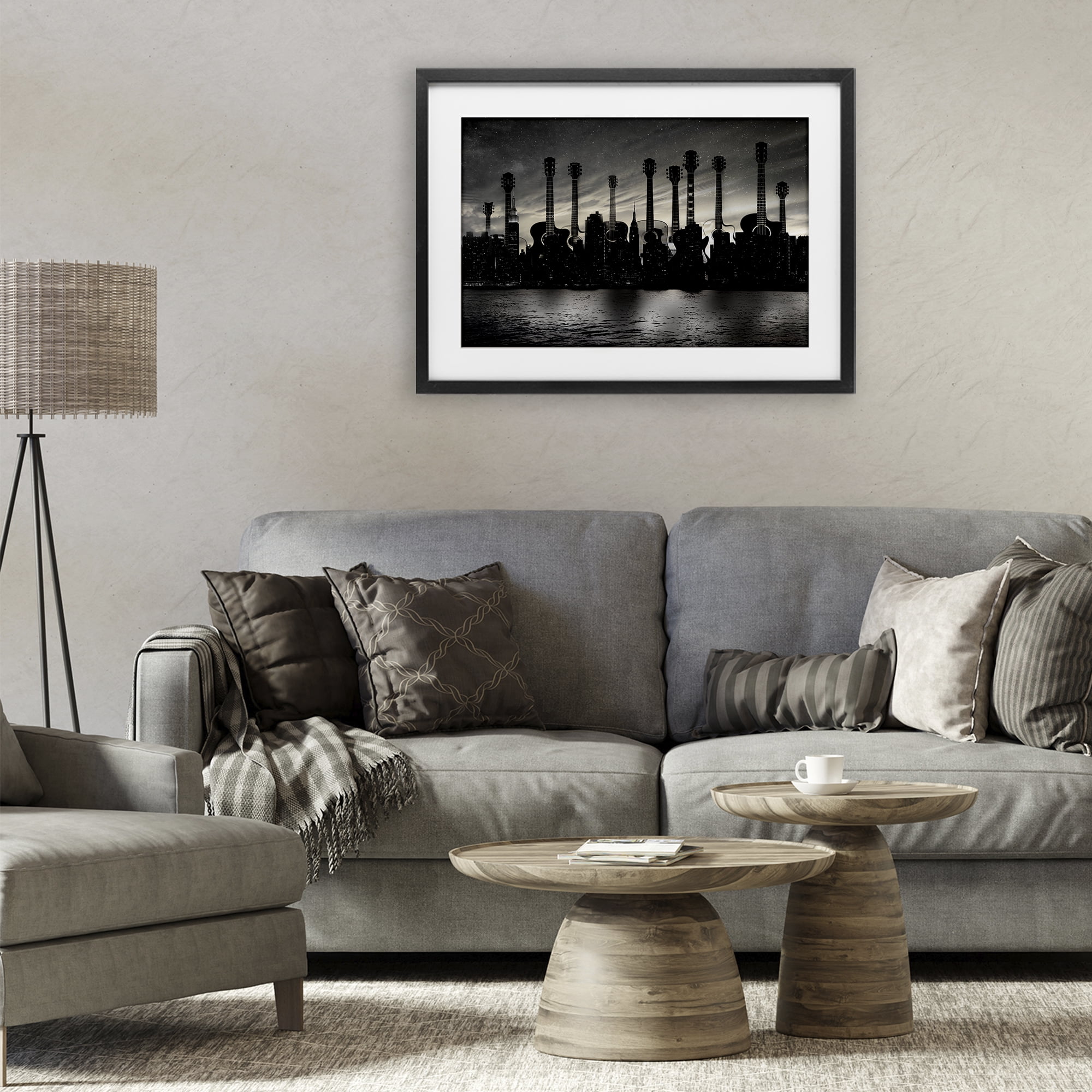 Stupell Industries Guitar Skyline Cityscape Black Framed Print Under Glass, design by CAD Designs