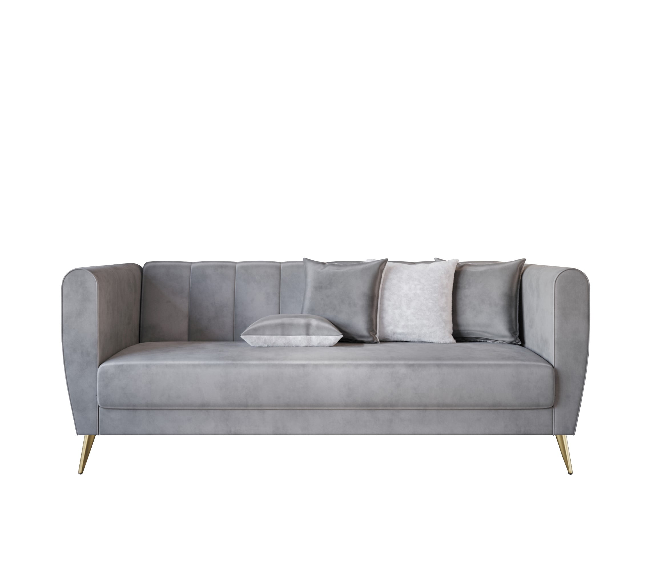 Home Design Scarlett Velvet Flared Arm 3-Seater Sofa with 4 Throw Pillows, Vertical Channel Tufting and Metal Legs, Modern Luxury, Silver Gray