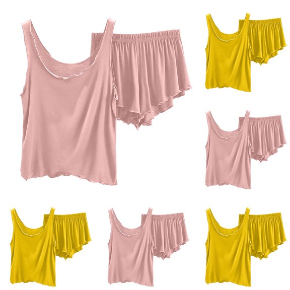 Women Pajama Set Solid Lyocell V Neck Sleeveless Top with Elastic Waist Loose Shorts Outfit