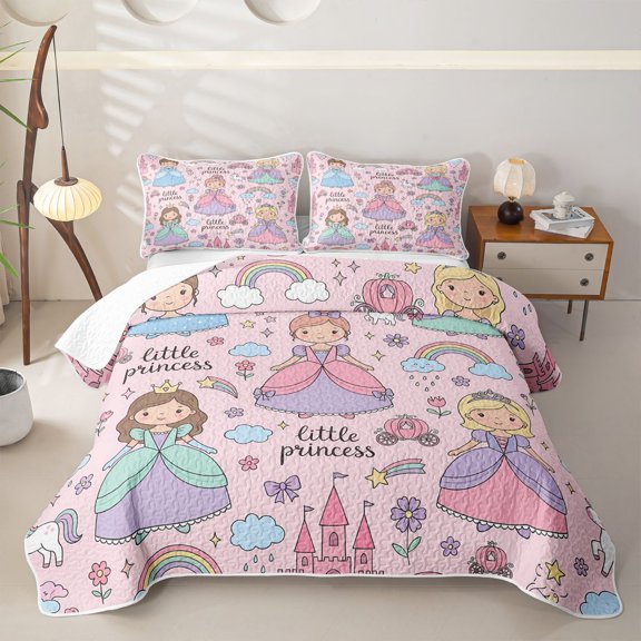 meiyoeat Cute Princess Castle Rainbow Twin Quilt Set for Girls, Girly Pink Cartoon Twin Coverlet Set, 2 Pieces