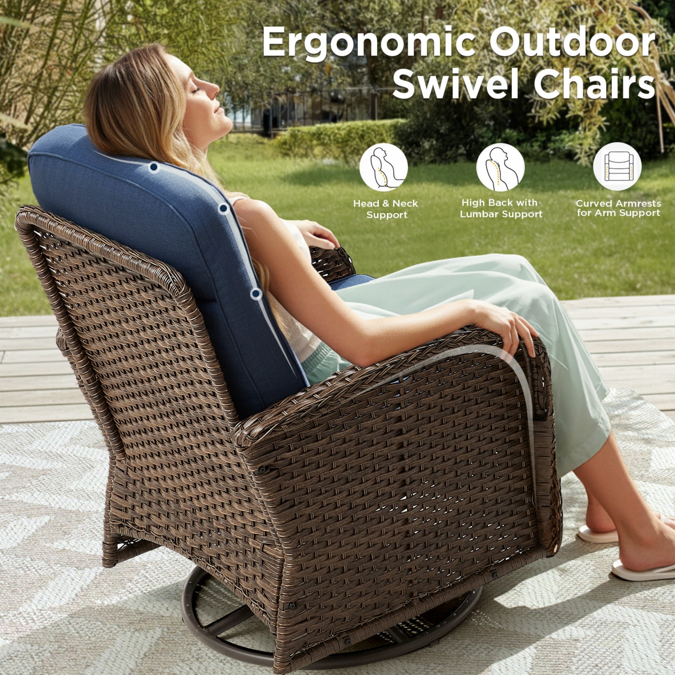 Unnifurnzi Outdoor Swivel Rocker Patio Chairs-6'' Thick Cushions Outdoor Rocking Chairs Set of 4 with Patio Side Table Patio Table and Chairs for Deck Porch Garden Balcony Poolside-Brown/Blue