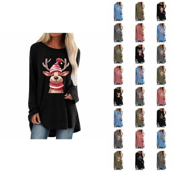 Long Christmas Shirts for Women 2025 Long Sleeve Crewneck Loose Holiday Cute Reindeer Graphic Tshirt Shirt