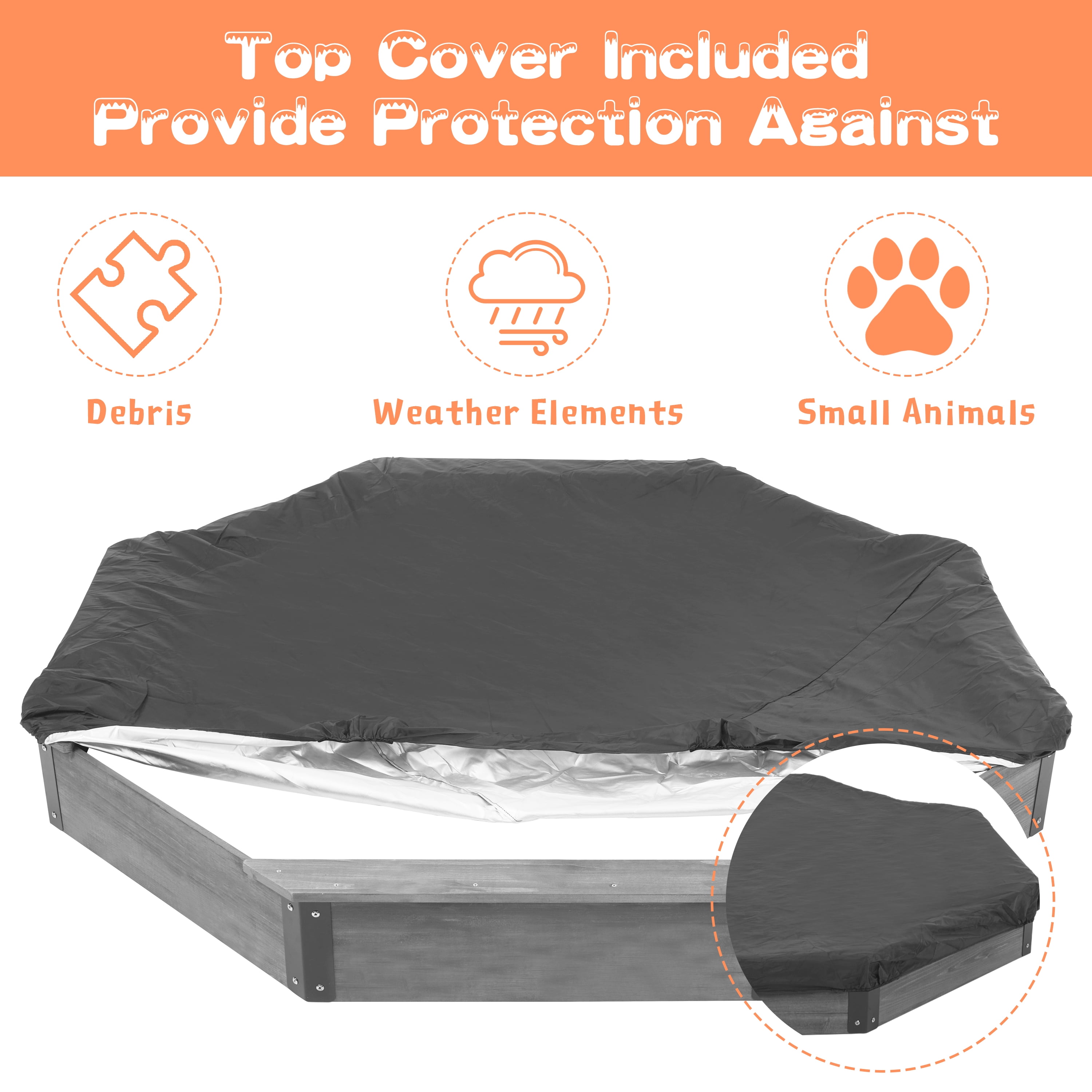 Wooden Octagon Sandbox with Cover, 85''x78''x9'', Kids Outdoor