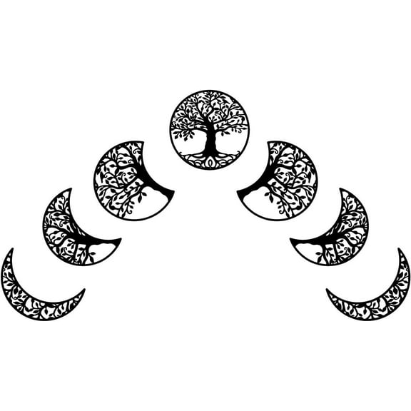 7 Pcs Moon Phase with Tree of Life Wood Wall Art Black Wooden Wall Art Wall Hanging Signs Hollow Wall Art Sculpture for Home Living Room Office Hotel Decor Housewarming Gift