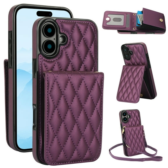Allytechgroup Premium Phone Case for Apple iPhone 16, Wallet iPhone 16 Case with Card Holder, Crossbody Strap, Stand Feature, Shockproof PU Leather RFID Blocking Cover,Darkpurple
