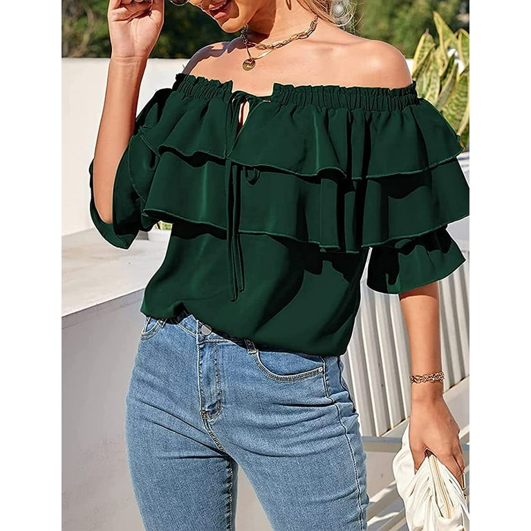 DanceeMangoos Womens Off Shoulder Layered Top Solid Ruffle Sleeve Chiffon Smocked Blouse Shirts