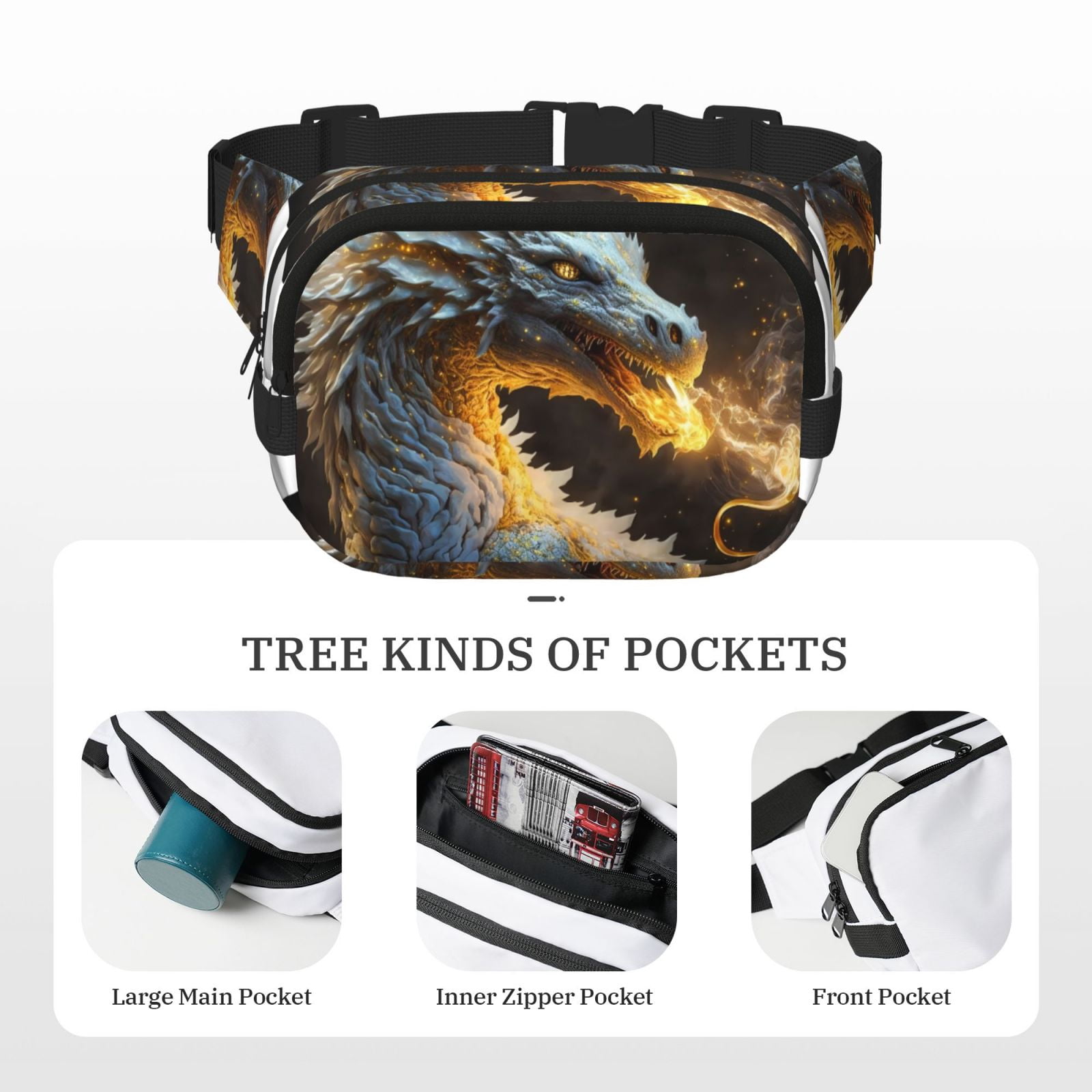 Hirioo Golden White Fire Dragon for Double Layer Waist Bag Adjustable Fanny Pack For Travel Running Hiking