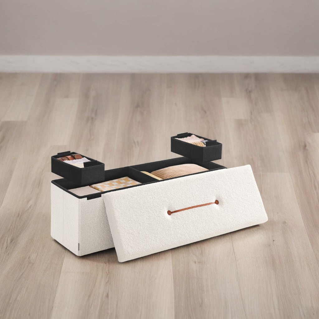 SONGMICS HOME 43" Storage Ottoman Bench Folding Ottoman with Storage Load up to 660 lb for Living Room Bedroom Cream White