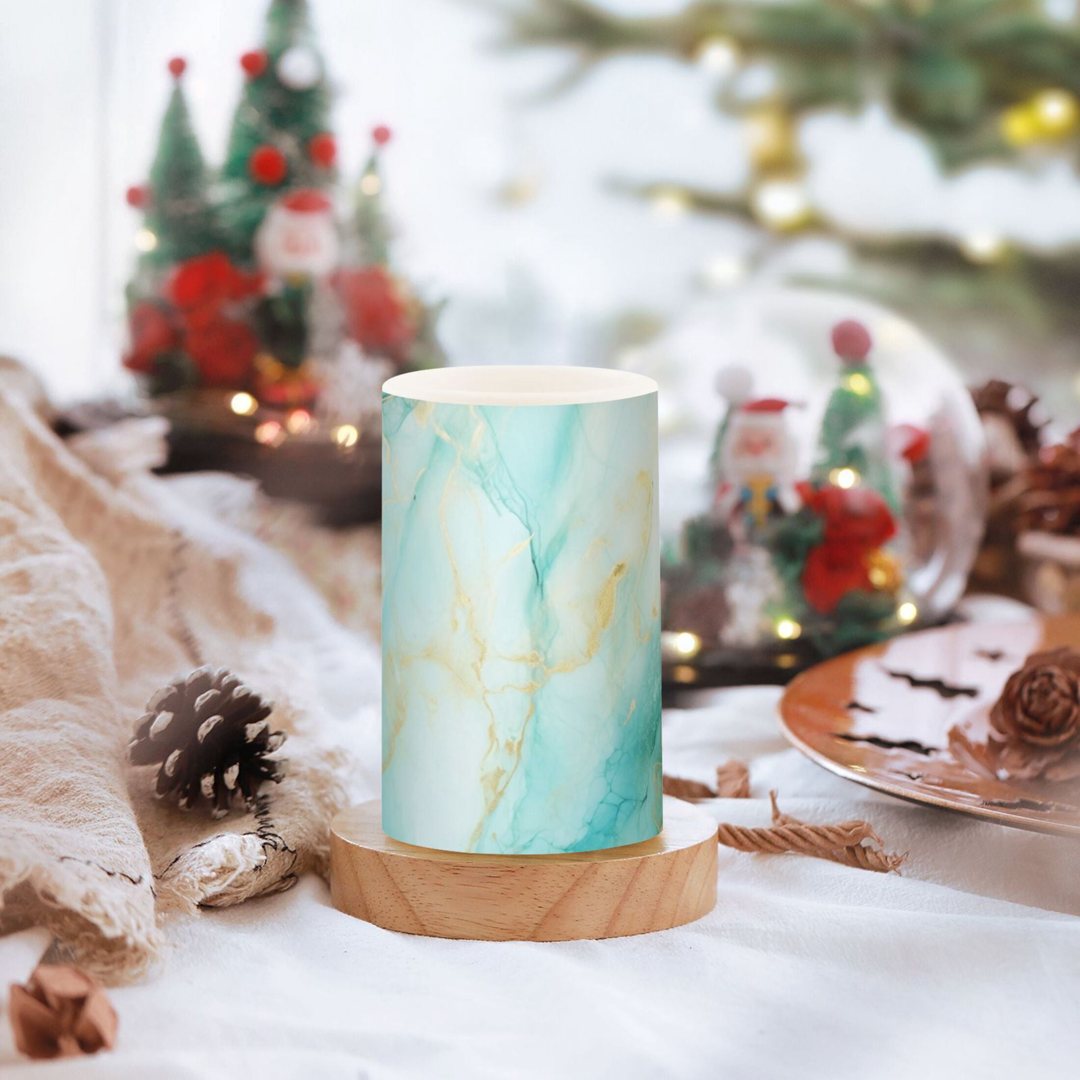 Aqua White Marble Flickering Flameless LED Candles set of 2 Battery Operated 18-Key Remotes Timer Halloween Fall Decor D3''xH4''5''