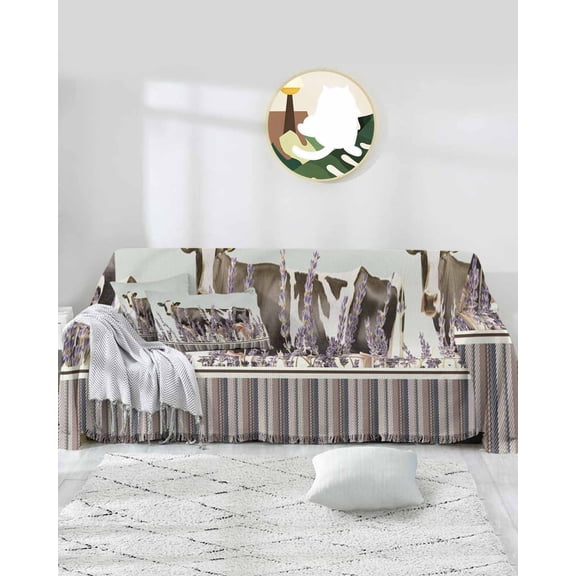 Floral Cow Sofa Covers for 3 Cushion Couch,Washable Sectional & L Shape Couch Covers for Dog/Cat/Kid,Purple Lavender Spring Summer Farm Stripes Gray Non Slip Sofa Slipcover Futon Cover 71x150