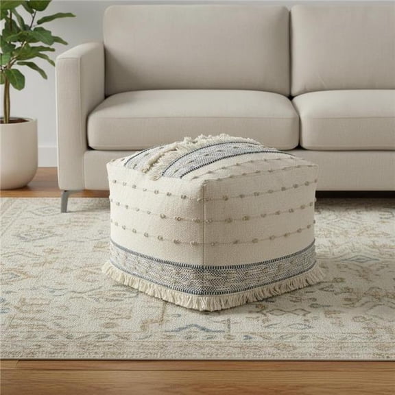 HomeRoots 710445 18 in. Ivory & Navy Blue Cotton & Wool Striped Pouf Ottoman