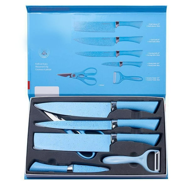 Juego de cuchillos coloridos de 6 piezas, práctico juego de cuchillos de cocina de acero inoxidable con mango ergonómico para cortar, color azul