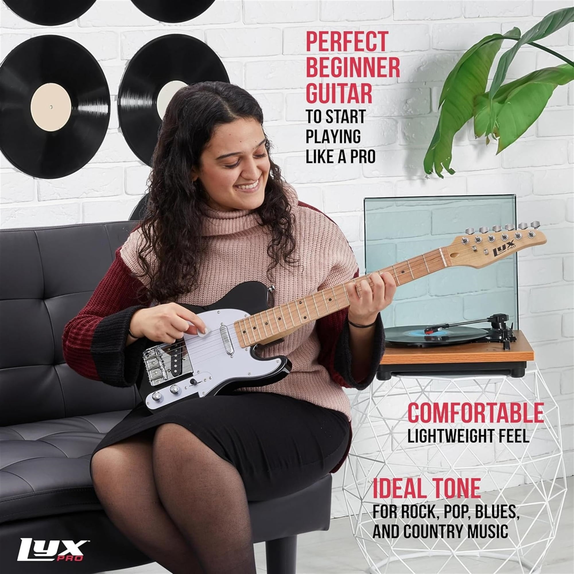 LyxPro Beginner 30" TL Series Electric Guitar, Paulownia Body, Black