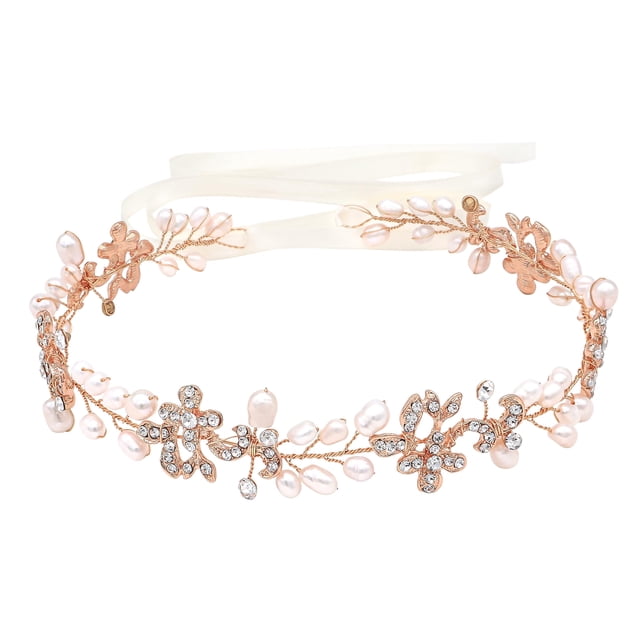 Ammei Tocado Diademas nupciales de lujo de oro rosa con perlas genuinas de agua dulce Enredaderas para el cabello Tocados de boda para novias Damas de honor Accesorios para el cabello de fiesta con ci