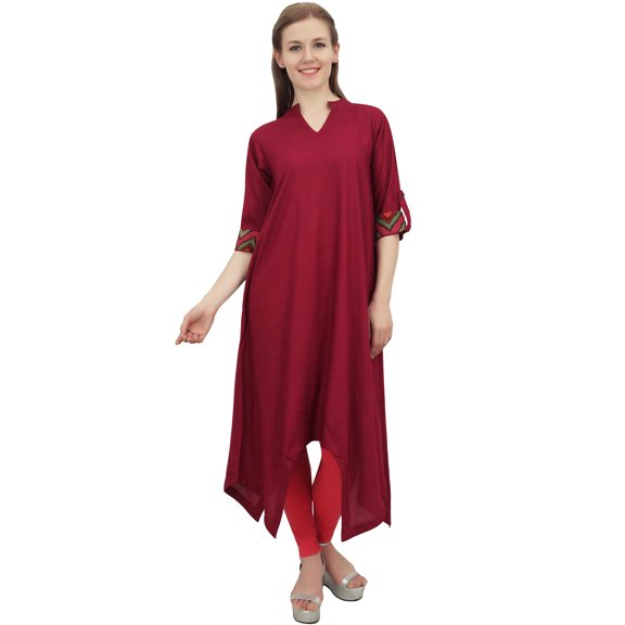 Bimba Women's Maroon Rayon Kurta With Scarf Asymmetrial Hem Designer Dress - 16
