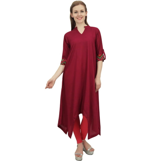 Bimba Kurta en Rayonne Bordeaux pour Femme avec Foulard Ourlet Asymétrique Robe de Designer - 10