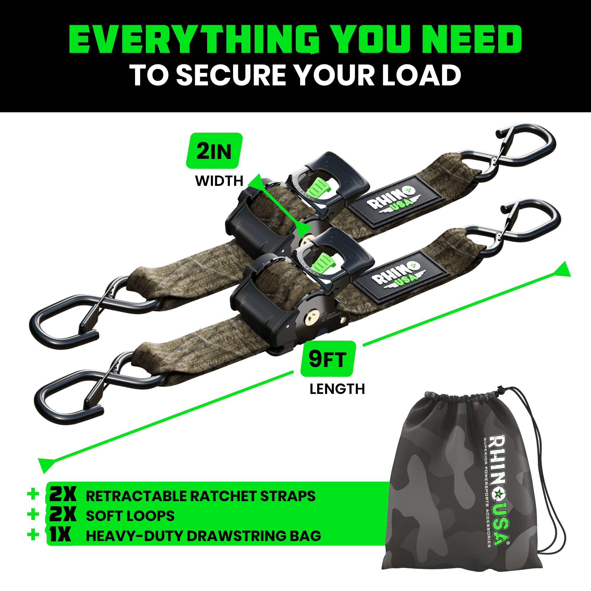 Rhino USA x Realtree Retractable Ratchet Straps (2PK) 2"x 9' (1,209lb Break Strength)- Heavy Duty Auto Self Retracting Tie Down Straps for Truck, Cargo Trailer, Motorcycle, ATV, UTV- Realtree APX Cam