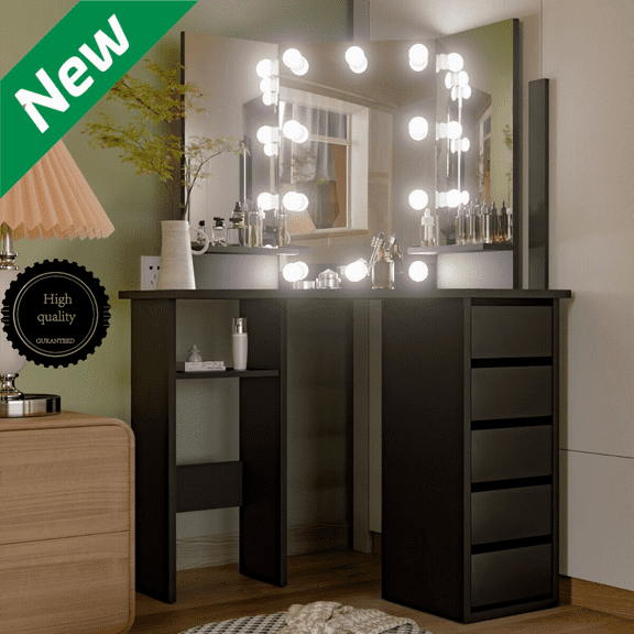 Corner Makeup Vanity Desk with Mirror & Lights 44'' Bedroom Vanity Table Shelf#