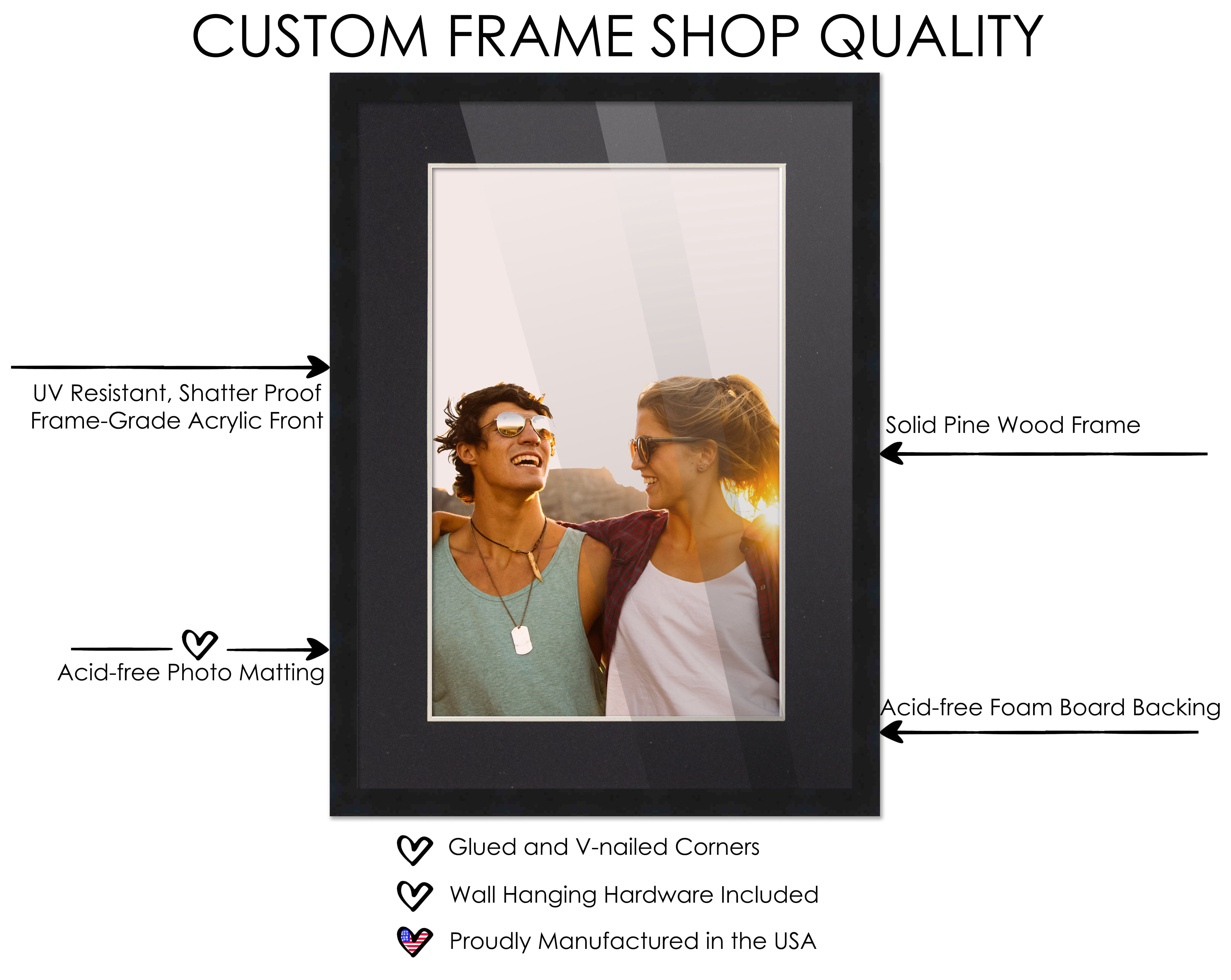 13x24 Black Picture Frame with 10.5x21.5 Black Mat Opening for 11x22 Image, 0.75 Inch Border, UV