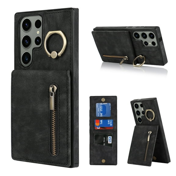 Nalacover for Samsung S23 Ultra, Wallet with RFID Credit Card Holder and Zipper Pocket,Drop Protection Flip Cover Ring Holder Kickstand with Double Magnetic Clasp for Samsung Galaxy S23 Ultra, Black