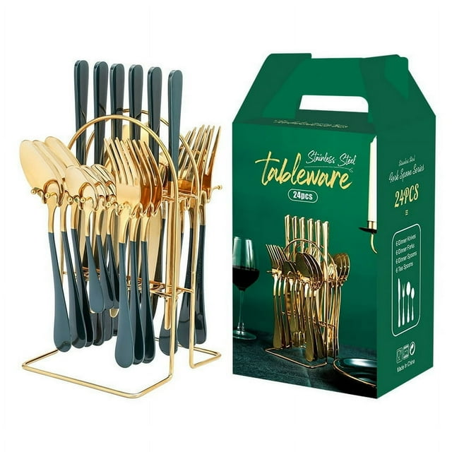 Gold Silverware Set Stainless Steel 24 Piece Anti-Rust Mirror Polished Flatware Gold Utensils Set Service for 6 with Gift Packaging Dishwasher Safe Hotel Tableware Wholesale