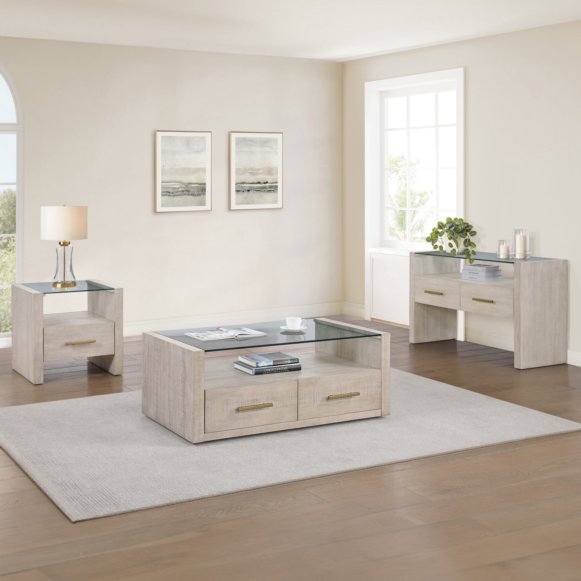 Steve Silver Garland Modern Coffee Table with Two Drawers and Casters, Washed Parchment