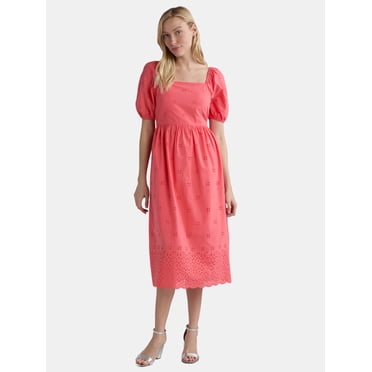 Time and Tru Women's and Women's Plus Square Neck Eyelet Midi Dress, Sizes XS-4X