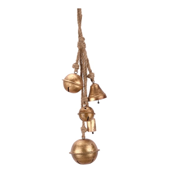 Vivanta Rustic Jingle Bell Hanging Decor 22” Long- Metal Wind Chime with 5 Mixed Shape Cow Bells on Jute Rope - Farmhouse Vintage Boho Ornament for Home, Entryway, Garden, Christmas Decoration (Gold)