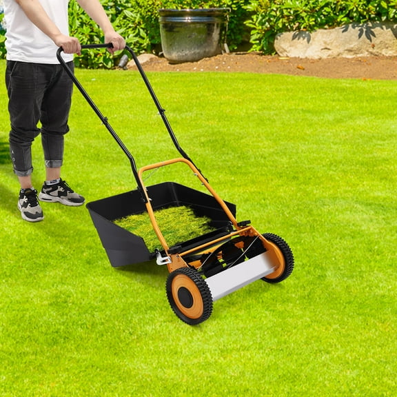 Aiqidi 16 inch Push Lawn Mower Adjustable Height Manual Push Reel Lawn Sweeper with 4 Blades Collection Bag for Yards Sidewalks Orange