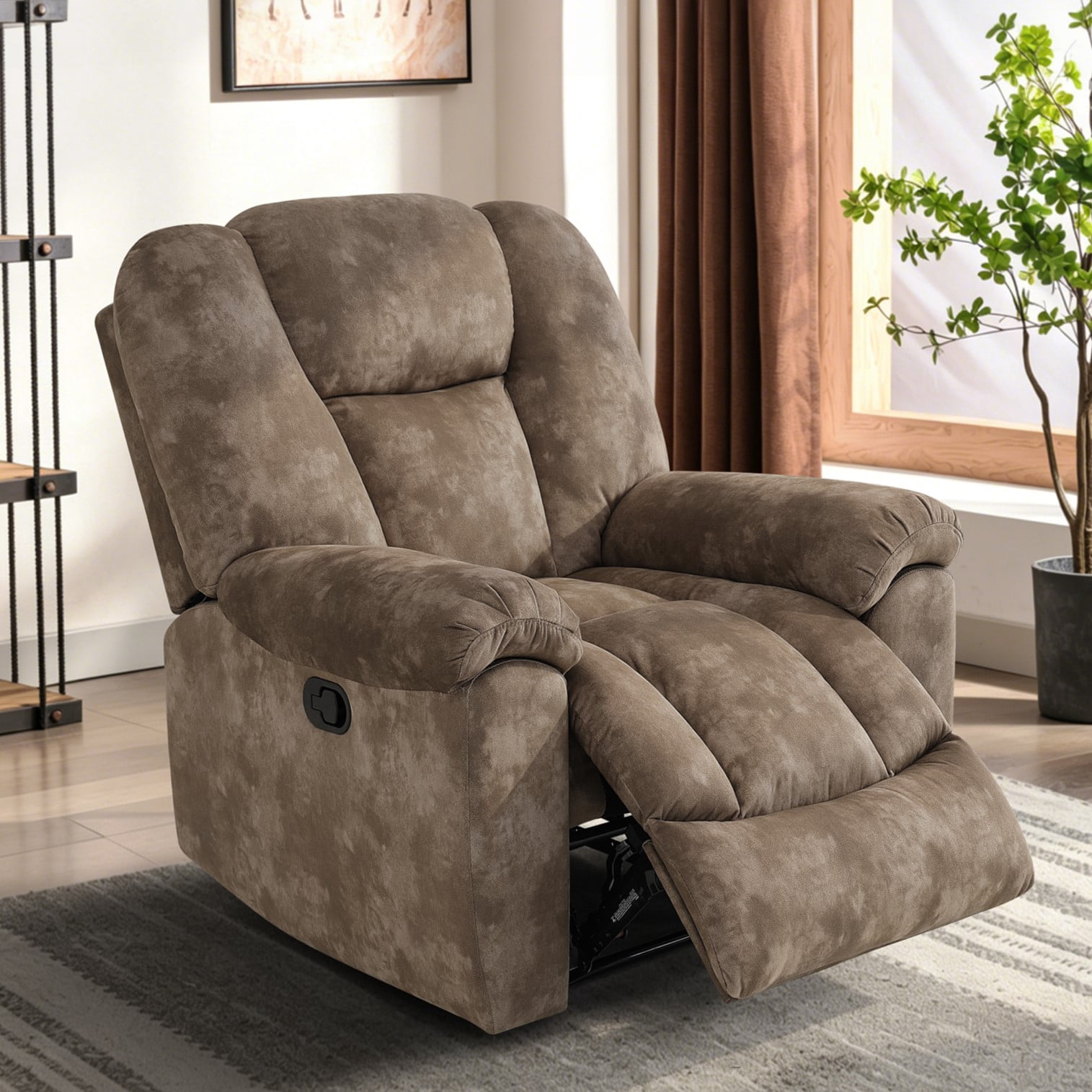Gewnee Manual Recliner Chair, Adjustable Reclining Lounge Chair, Velvet Upholstered Single Sofa Recliner for Living Room, Office, Brown