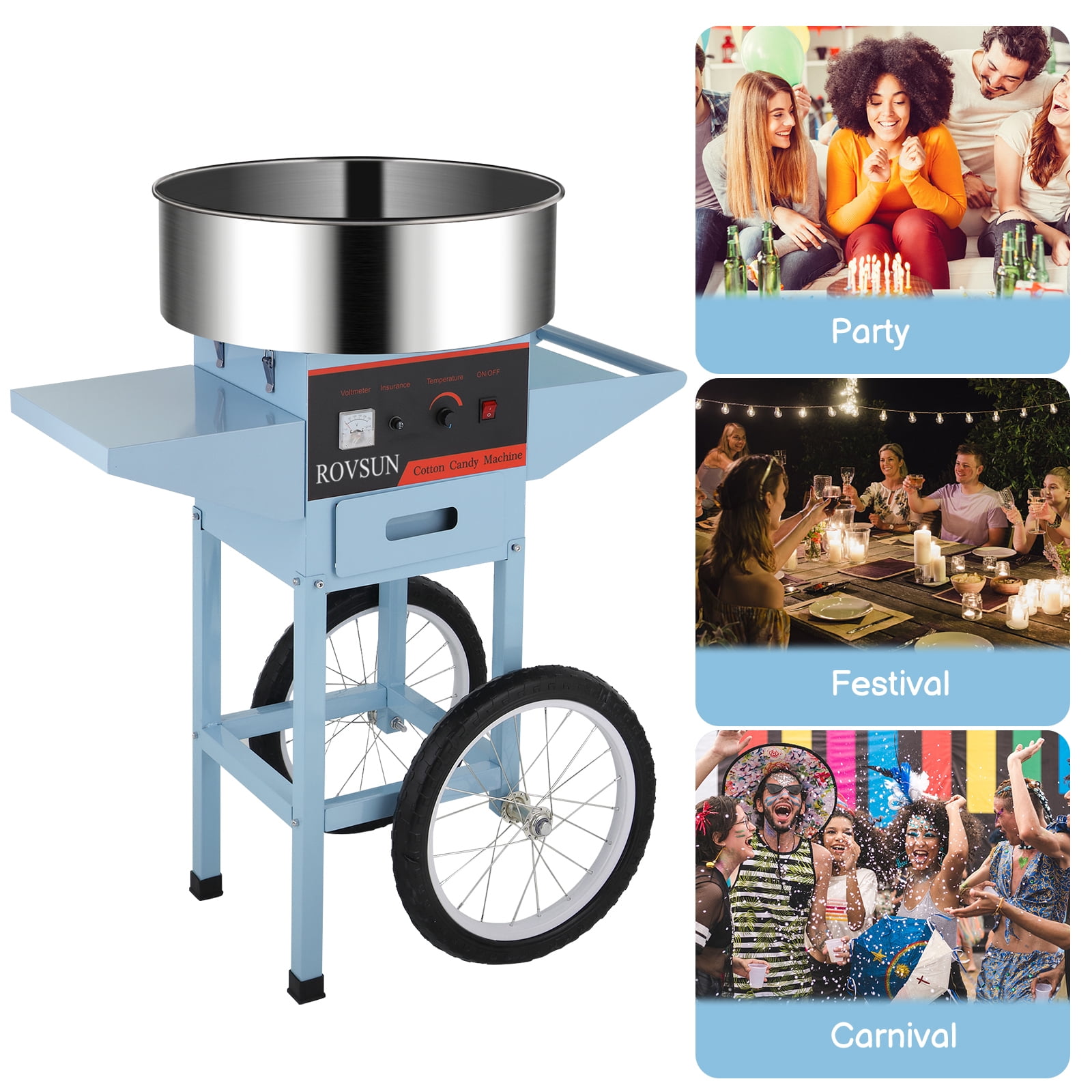 ROVSUN Cotton Candy Machine with Cart Stainless Steel, 21 Inch Electric Cotton Candy Maker Candy Floss Maker w/Sugar Scoop and Large Storage Drawer for Commercial Home Party Carnival, Blue