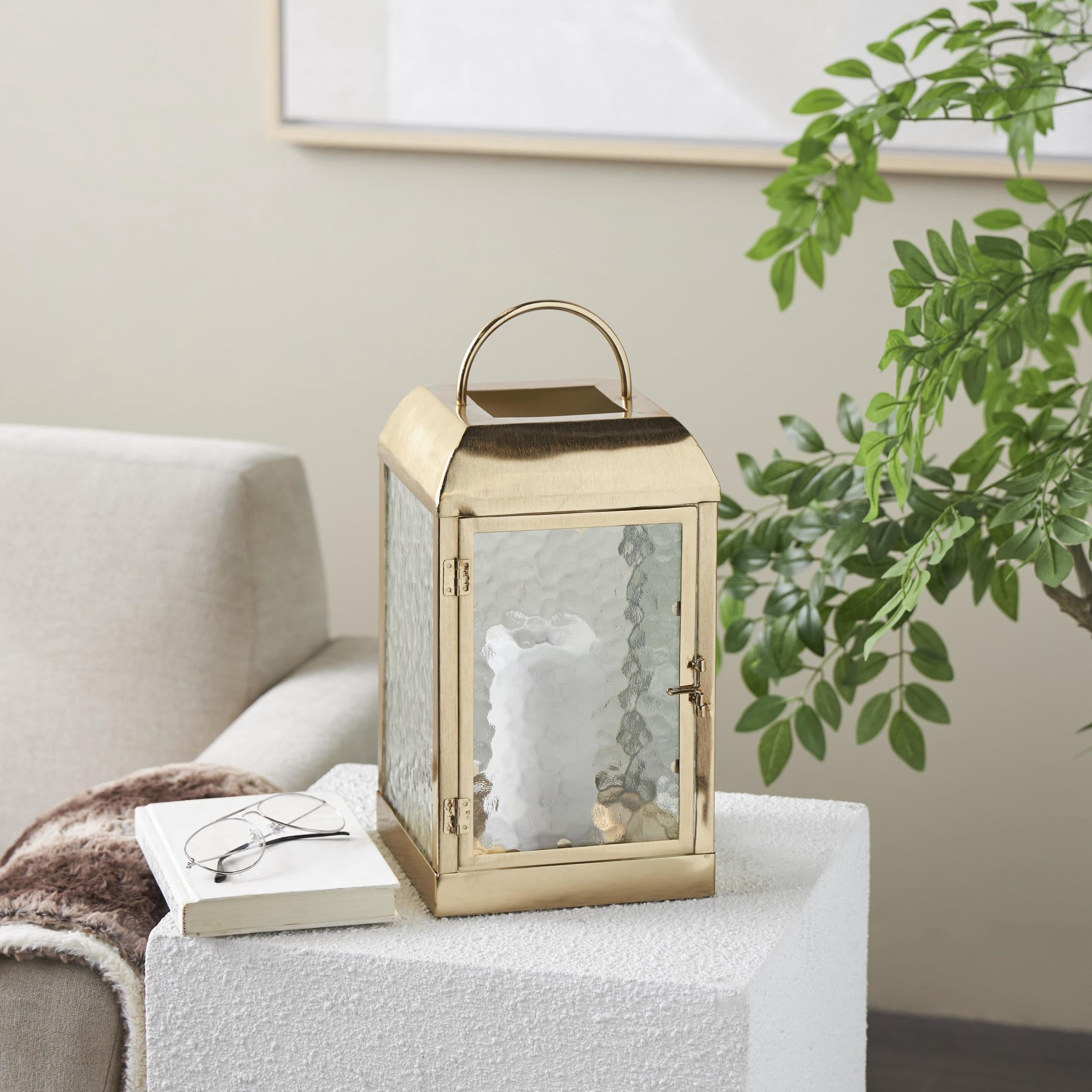 DecMode Gold Metal Candle Lantern with Pebbled Glass