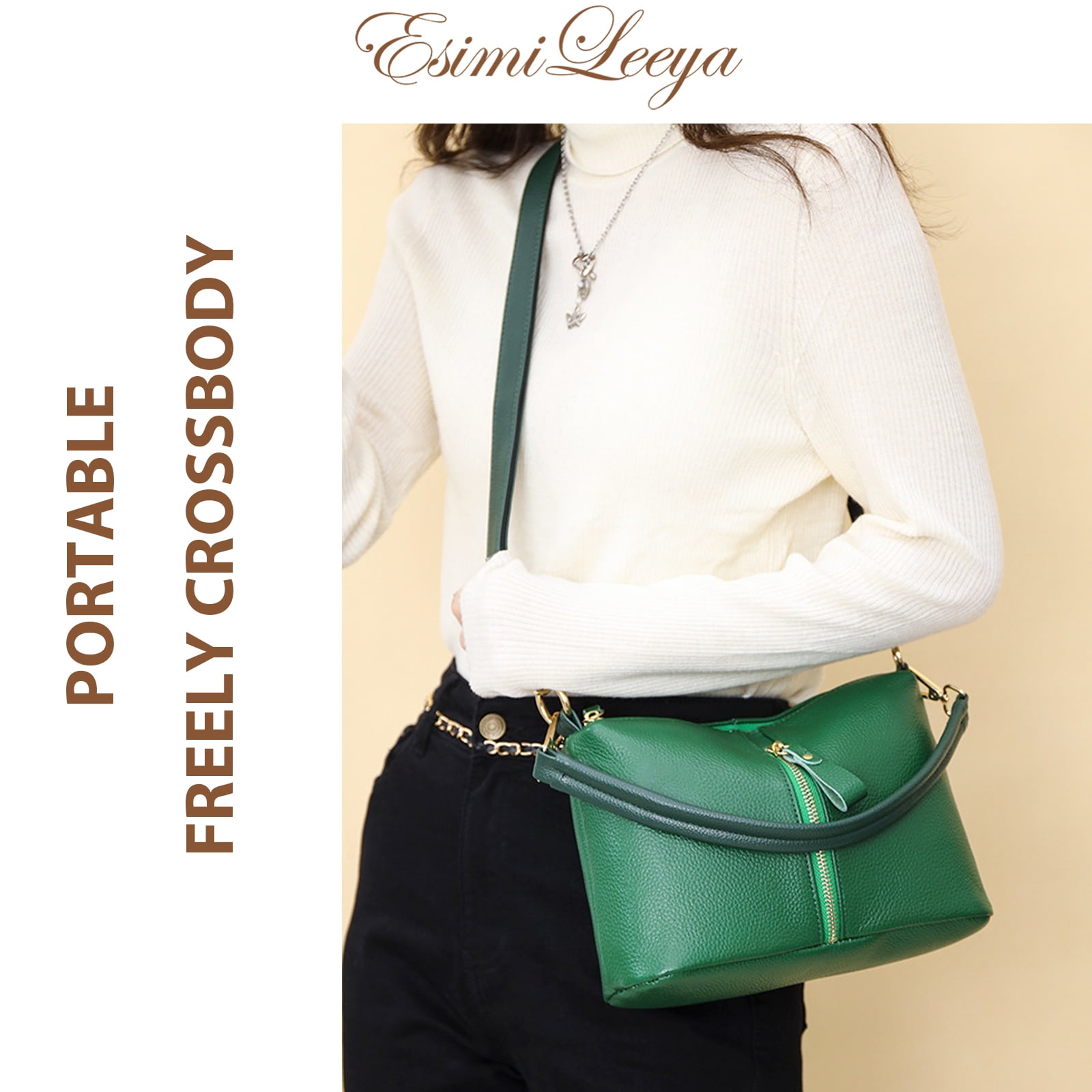 Green Leather Crossbody Purses for Women Secure Zipper Shoulder Bag Ideal for Travel, Commute, Shopping