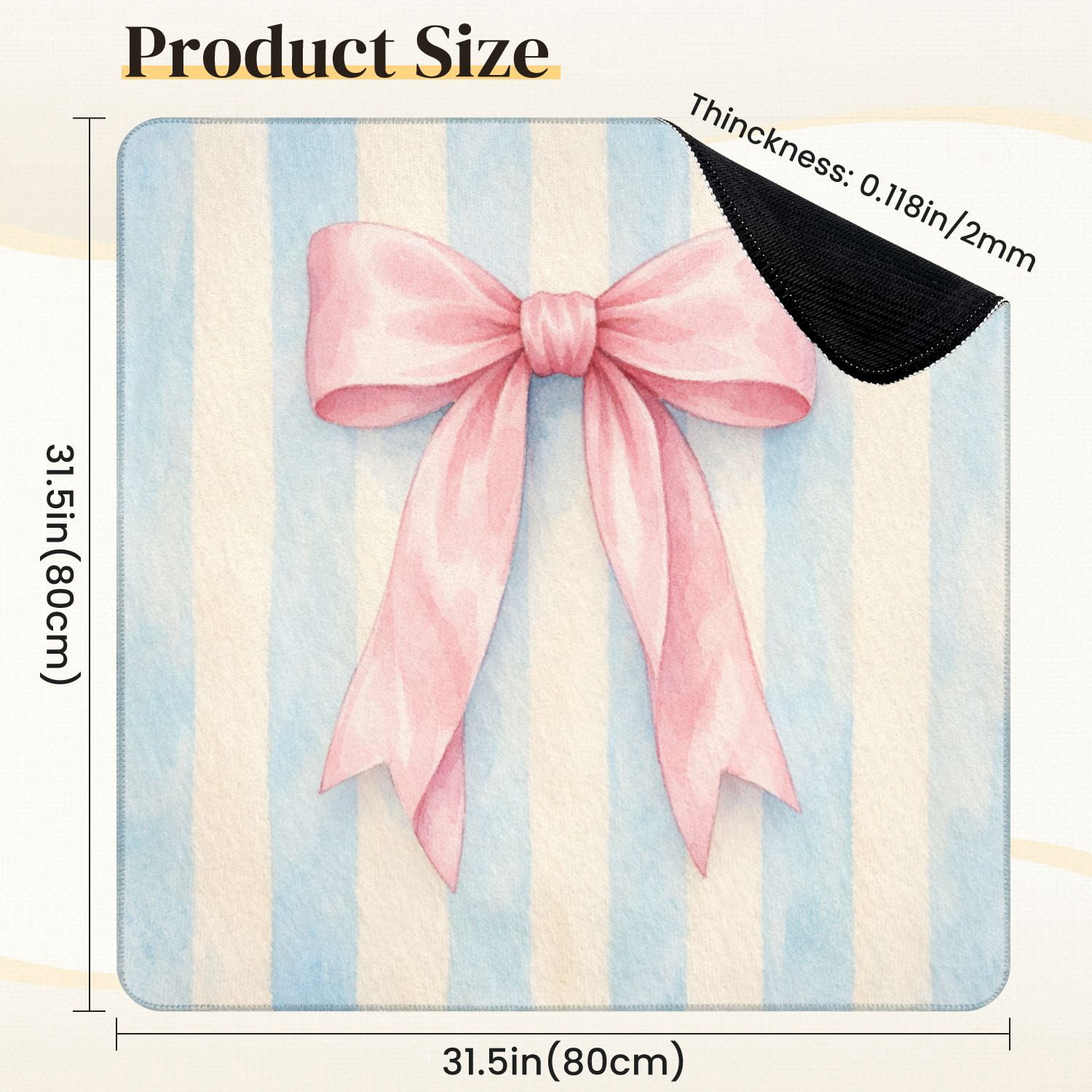 Mahjong Mat 31.5" x 31.5" Pink Bow Light Blue White Striped Soft Watercolor Style Non-Slip Noise Reduction Mahjong Tiles Table Cover for Dominoes Poker Card Board and Tile Games