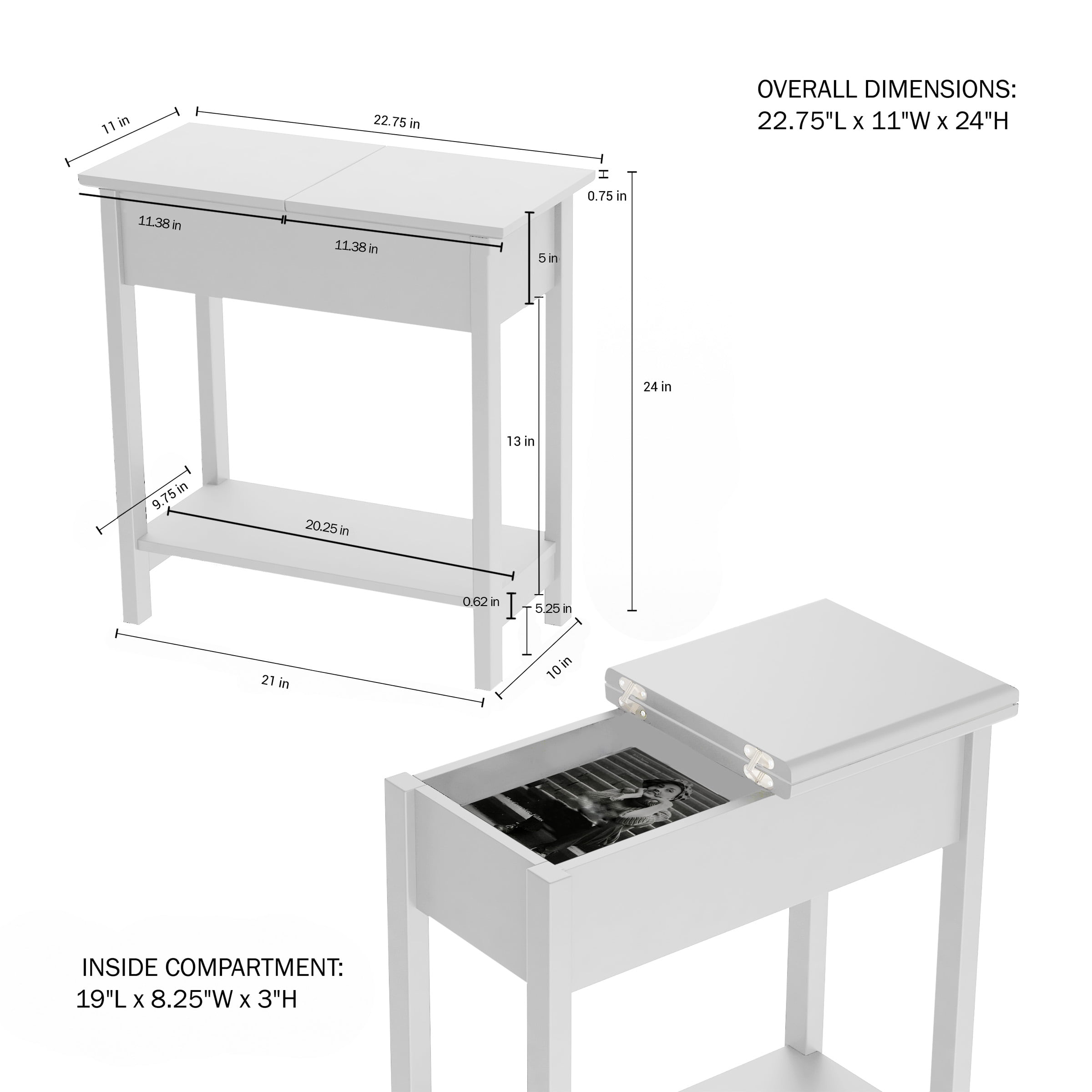 Lavish Home Narrow End Table with Storage Compartment and Shelf (White)