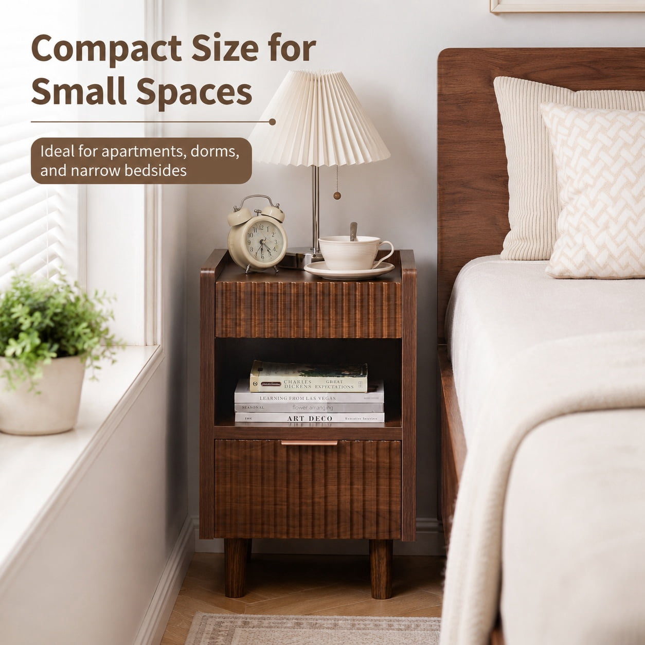 Aukfa Fluted Nightstands Set of 2,Bedside Tables End Tables with Drawer for Bedroom,Walnut