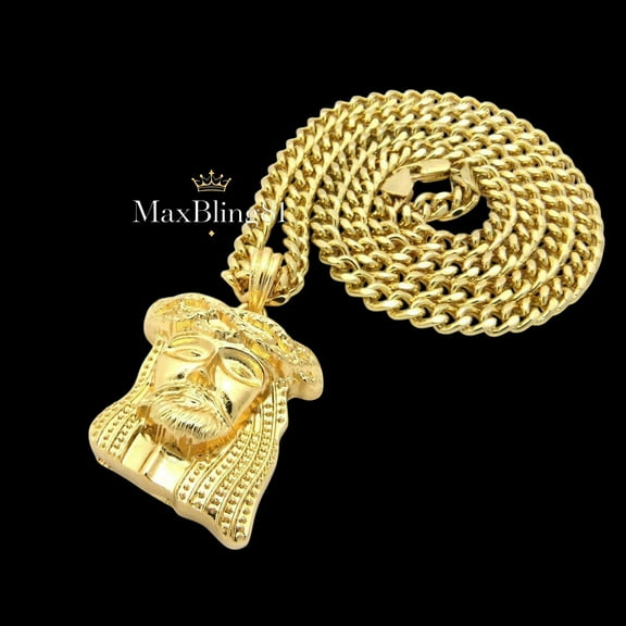 14K Gold Plated JESUS Head Religious Pendant & 4mm 24" Cuban Link Chain Hip Hop Necklace