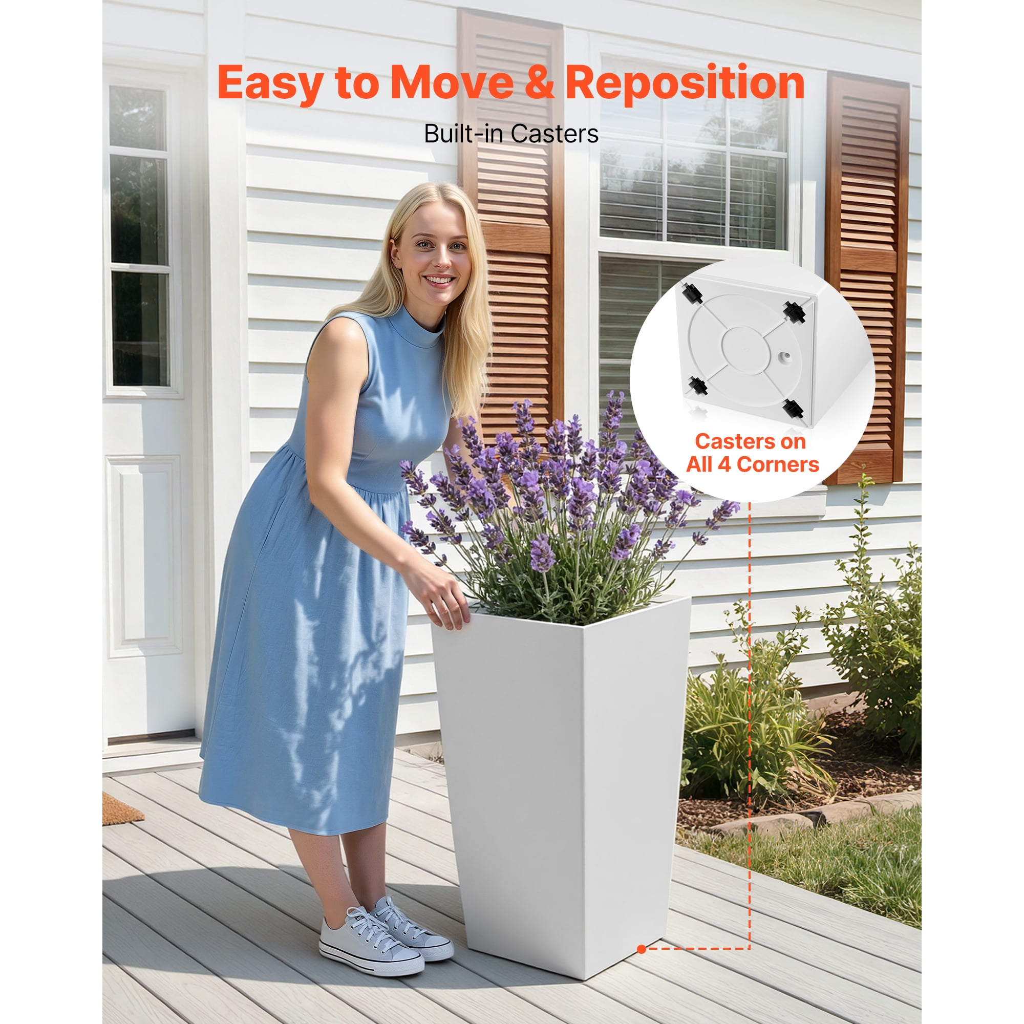 KFFKFF Set of 2 Tall Planters, 30in Large Outdoor and Indoor Tapered Plant Pots with Casters, Inner Pot, and Drainage Holes for Patio, Garden, and Front Porch, White